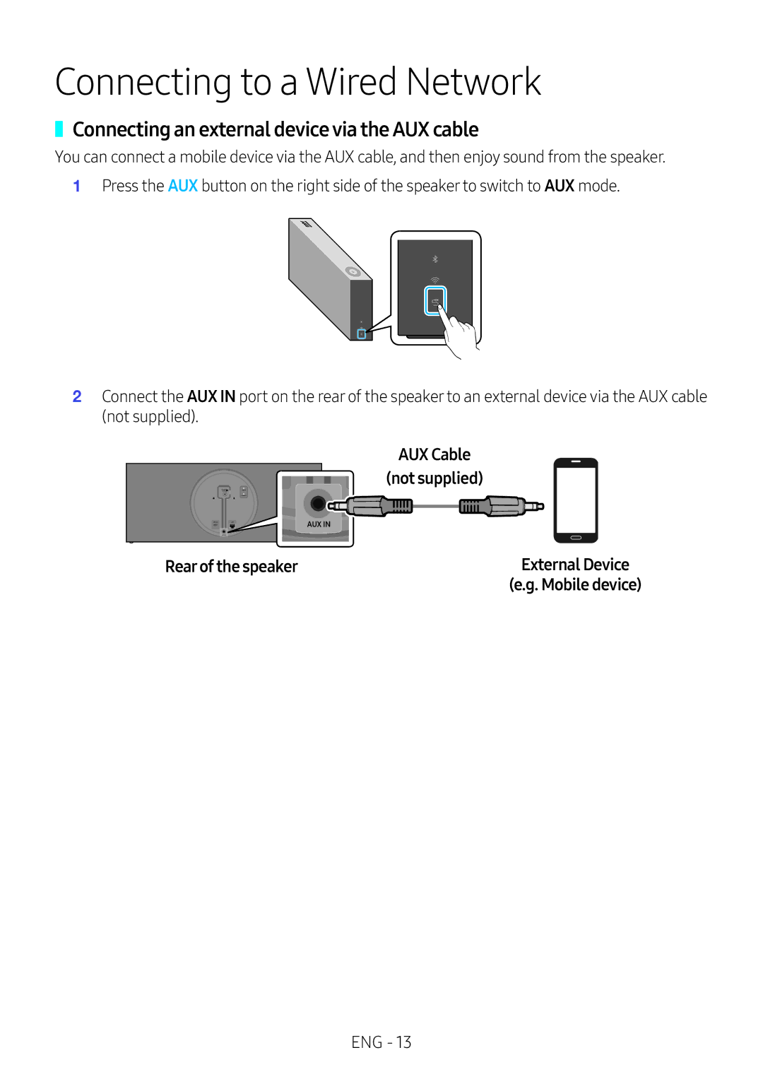 Samsung VL351/XE, VL350/XE, VL550/XE manual Connecting to a Wired Network, Connecting an external device via the AUX cable 