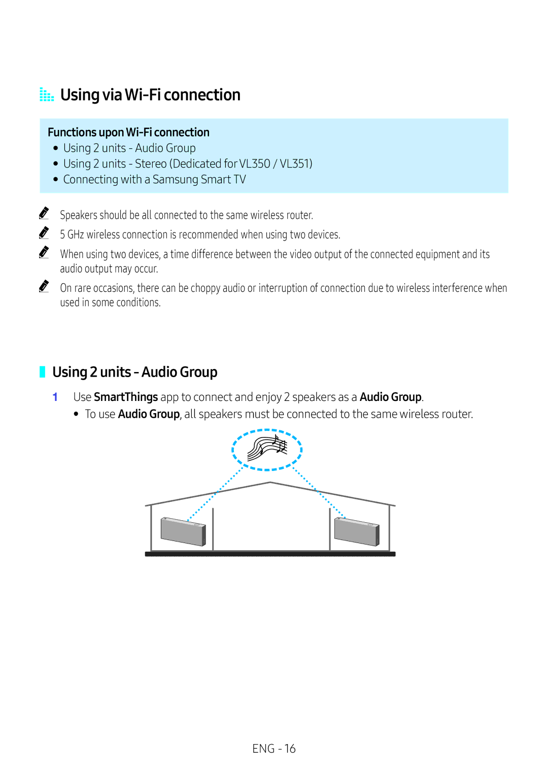 Samsung VL550/XE, VL350/XE manual AA Using via Wi-Fi connection, Using 2 units Audio Group, Functions upon Wi-Fi connection 