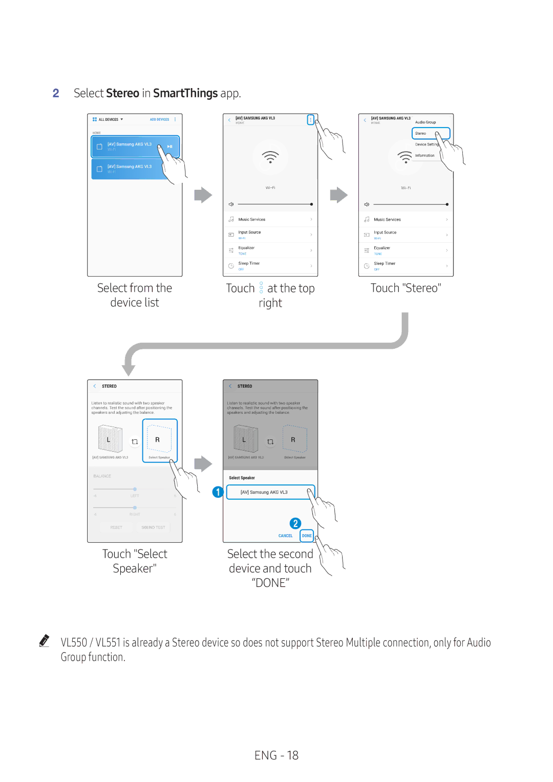 Samsung VL551/XE, VL350/XE, VL550/XE, VL351/XE manual Select Stereo in SmartThings app, Group function ENG 