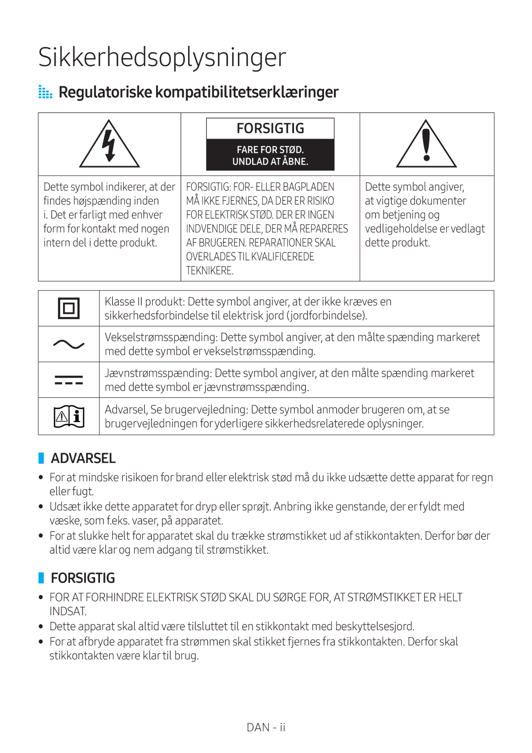 Samsung VL550/XE, VL350/XE, VL351/XE, VL551/XE manual Sikkerhedsoplysninger, AA Regulatoriske kompatibilitetserklæringer 