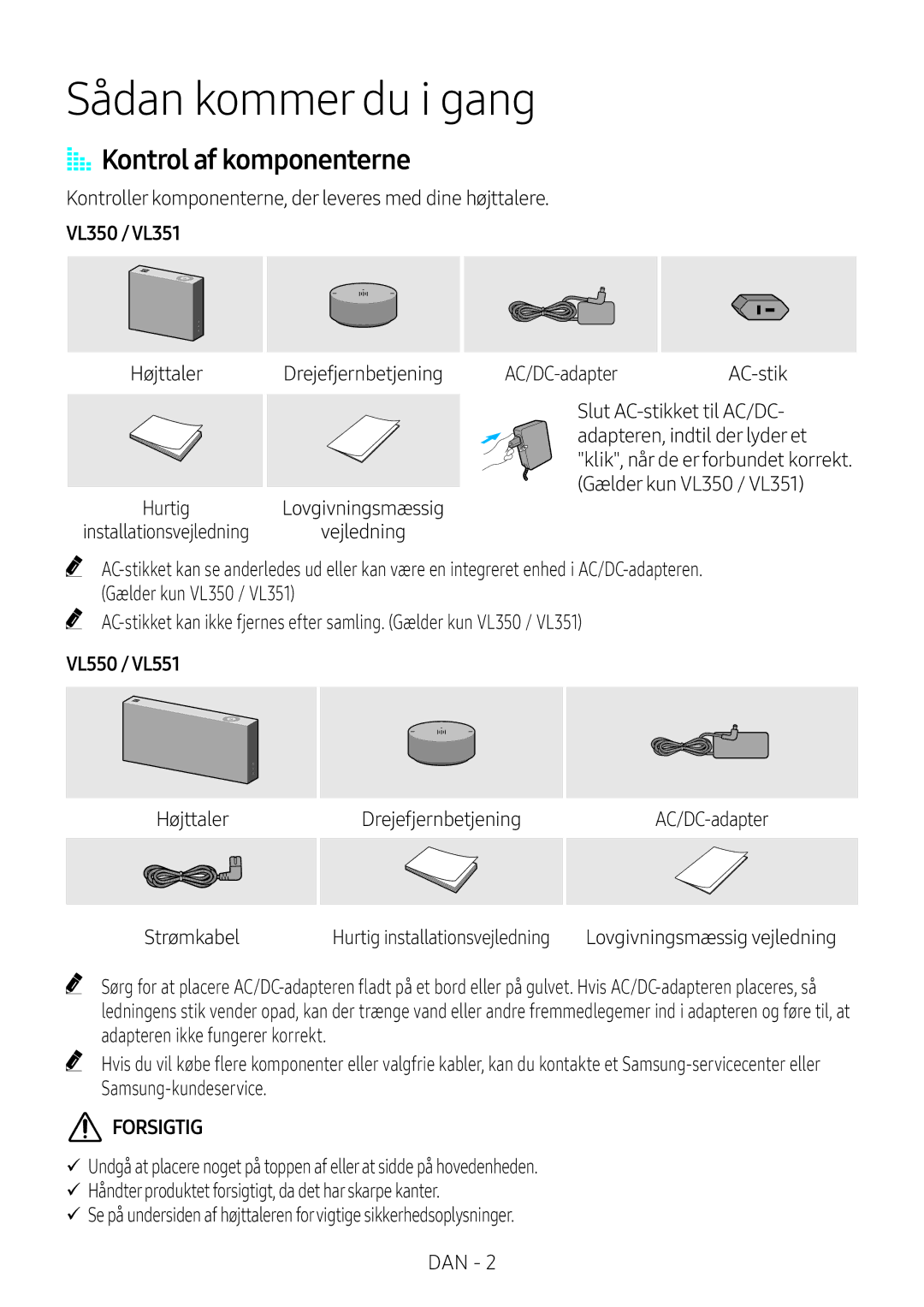 Samsung VL351/XE, VL350/XE, VL550/XE, VL551/XE manual Sådan kommer du i gang, AA Kontrol af komponenterne 