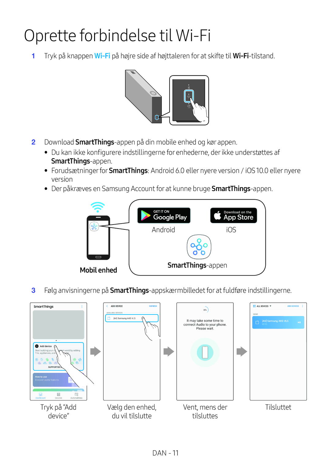 Samsung VL551/XE, VL350/XE, VL550/XE, VL351/XE Oprette forbindelse til Wi‑Fi, SmartThings-appen, Mobil enhed, Tilsluttet 