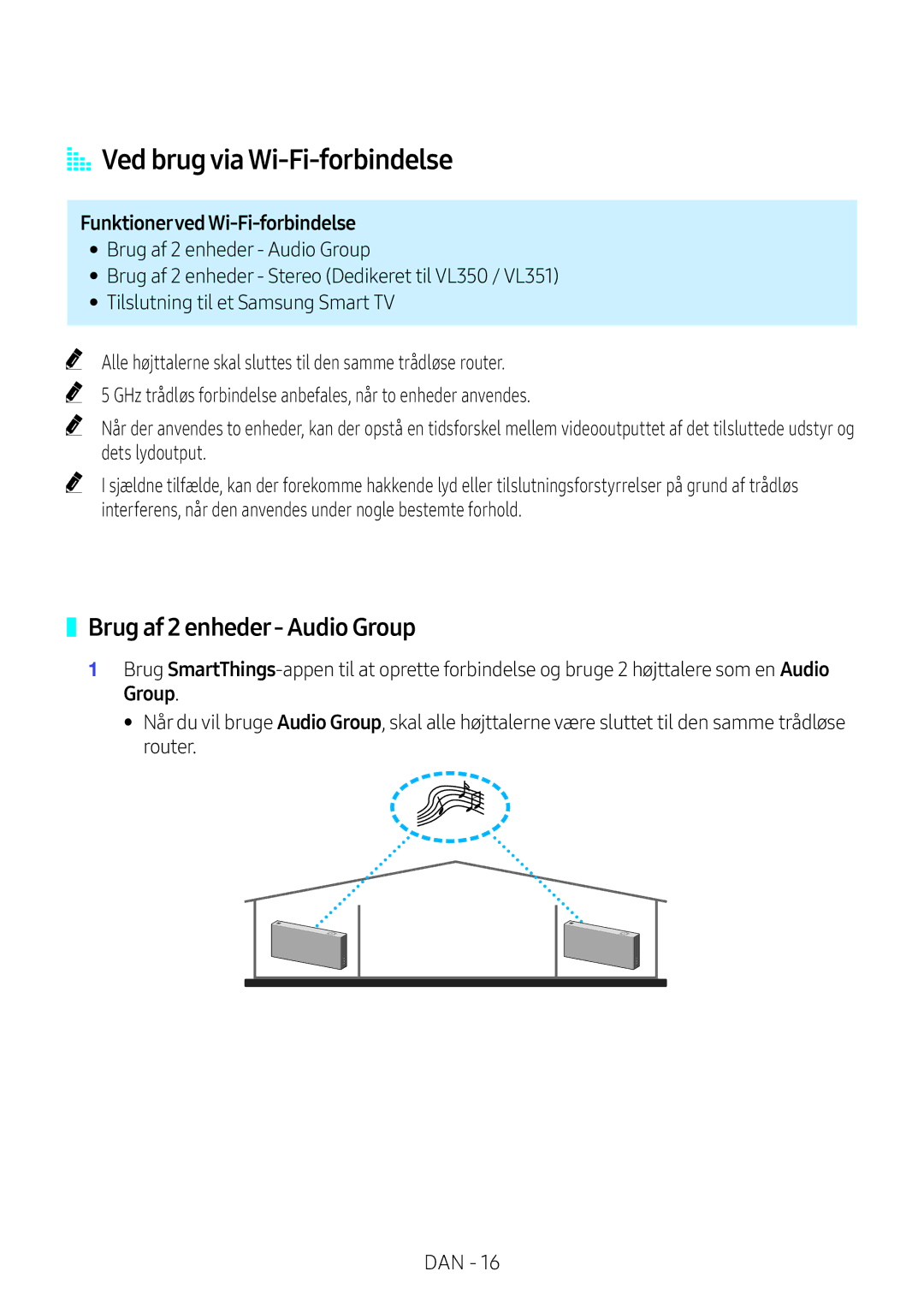 Samsung VL350/XE manual AA Ved brug via Wi‑Fi-forbindelse, Brug af 2 enheder- Audio Group, Funktionerved Wi‑Fi-forbindelse 