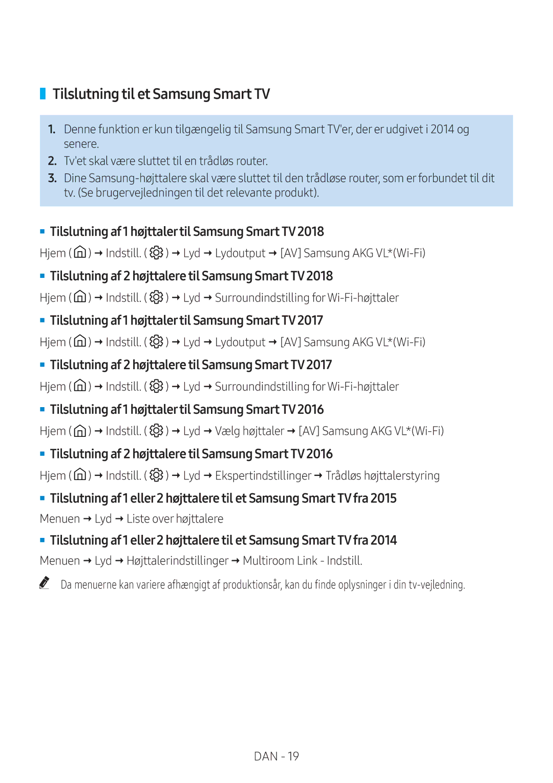 Samsung VL551/XE, VL350/XE, VL550/XE, VL351/XE Tilslutning til et Samsung Smart TV, Menuen  Lyd  Liste over højttalere 