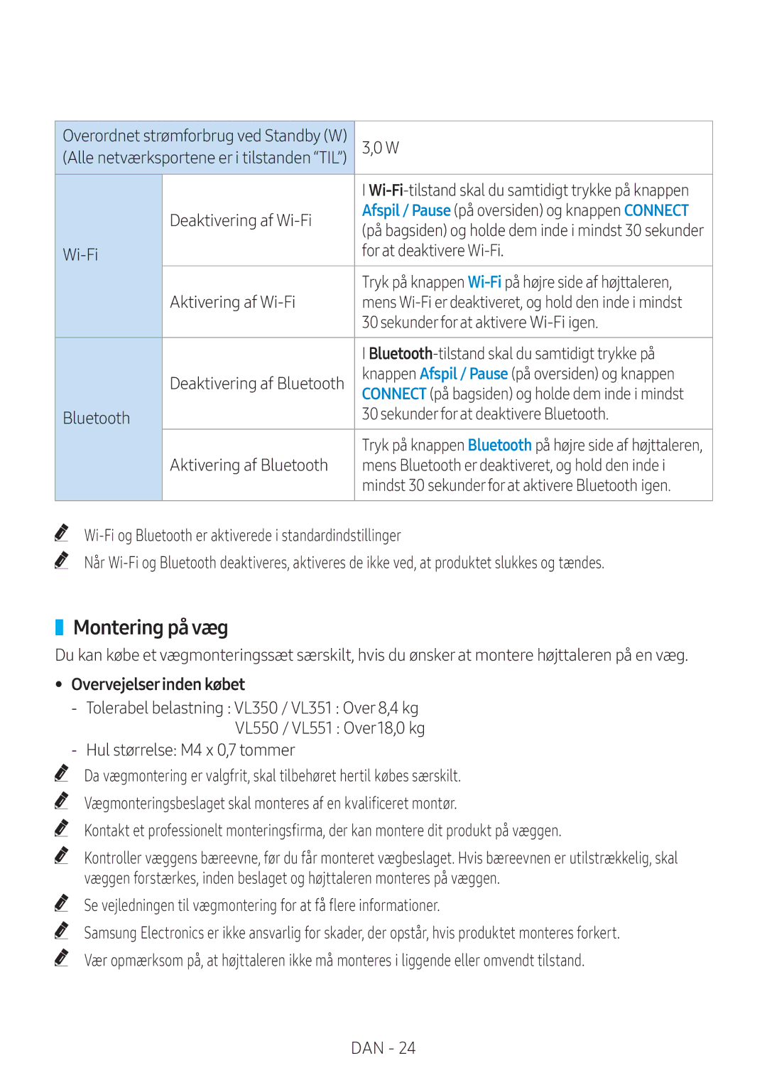 Samsung VL350/XE, VL550/XE, VL351/XE, VL551/XE manual Montering på væg, Overvejelserinden købet 