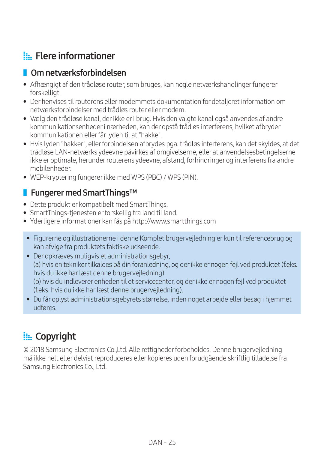 Samsung VL550/XE, VL350/XE, VL351/XE, VL551/XE manual AA Flere informationer, Om netværksforbindelsen, Fungerermed SmartThings 