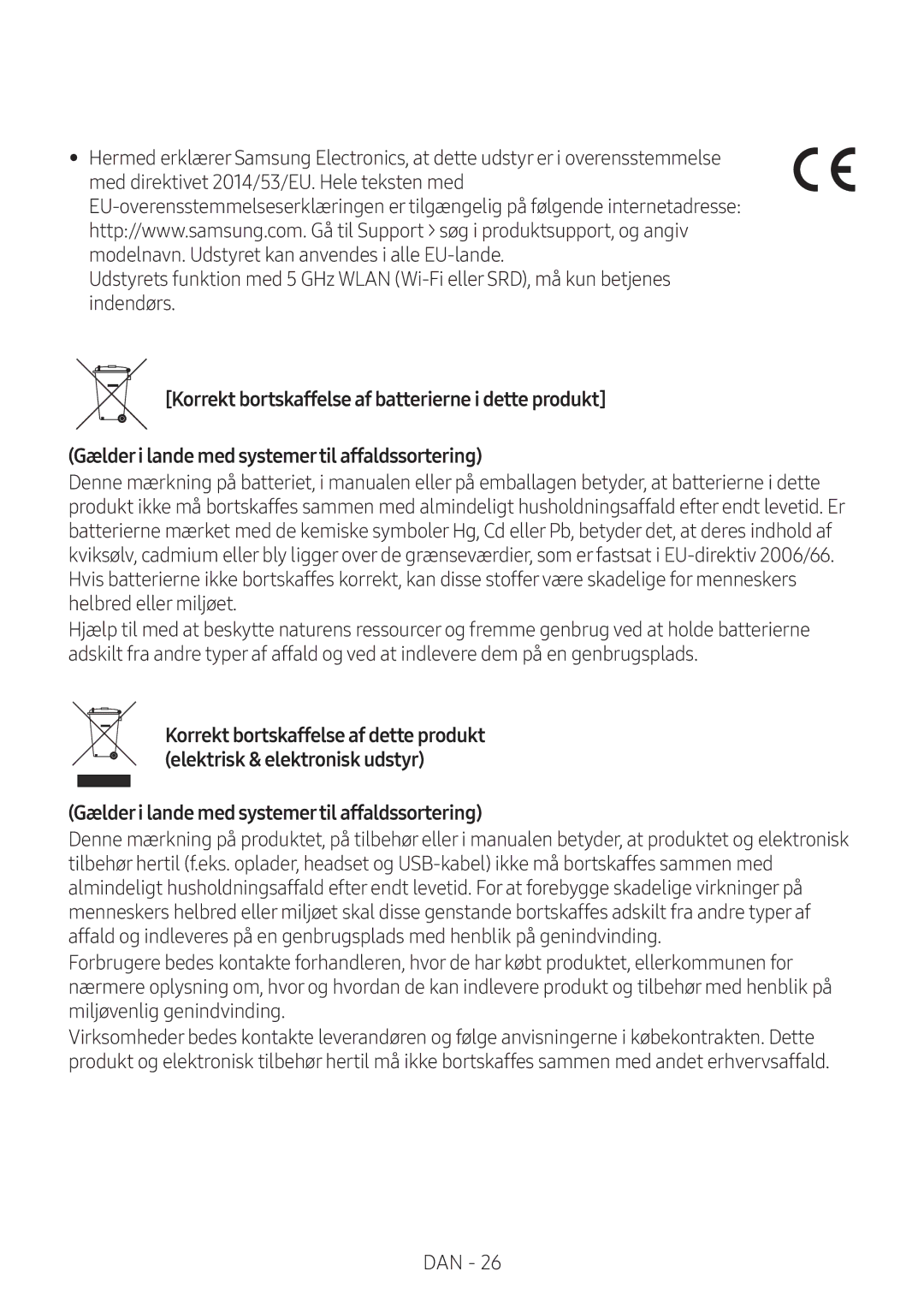 Samsung VL351/XE, VL350/XE, VL550/XE, VL551/XE manual Gælderi lande med systemertil affaldssortering 