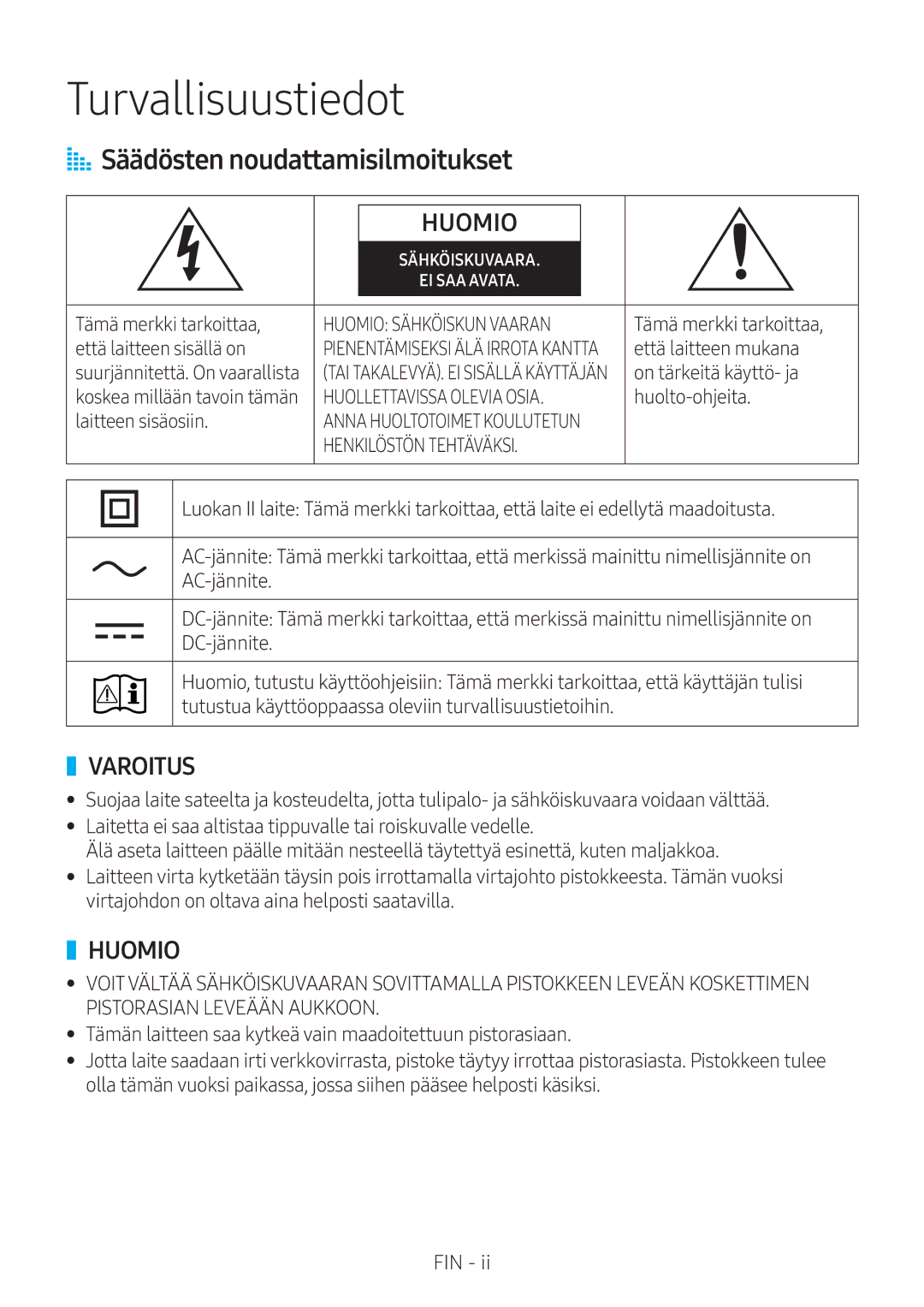 Samsung VL350/XE, VL550/XE, VL351/XE, VL551/XE manual Turvallisuustiedot, AA Säädösten noudattamisilmoitukset 