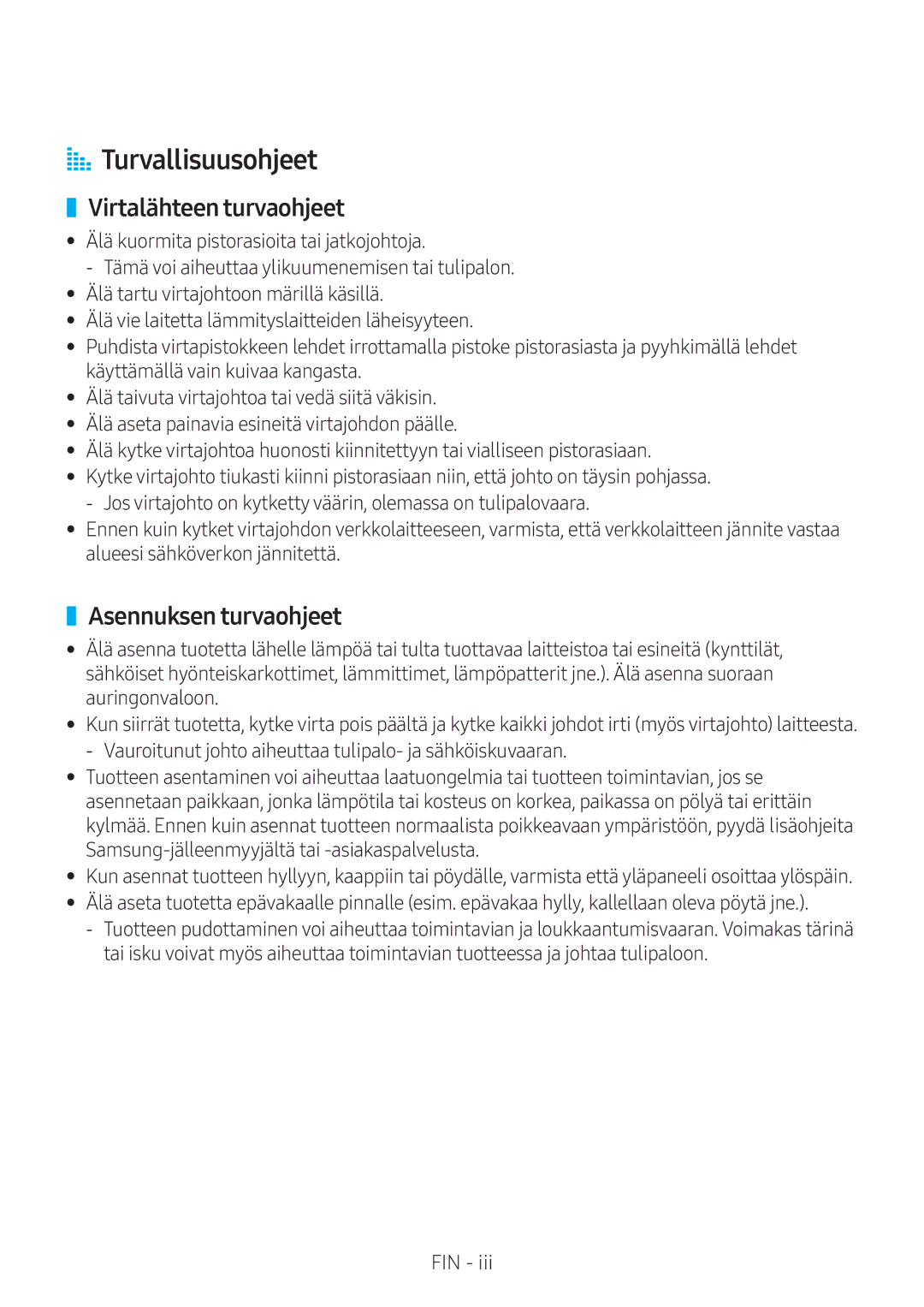 Samsung VL550/XE, VL350/XE, VL351/XE, VL551/XE manual AA Turvallisuusohjeet, Virtalähteen turvaohjeet, Asennuksen turvaohjeet 