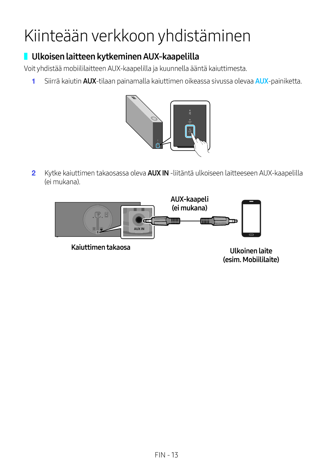 Samsung VL350/XE, VL550/XE, VL351/XE, VL551/XE Kiinteään verkkoon yhdistäminen, Ulkoisen laitteen kytkeminen AUX-kaapelilla 