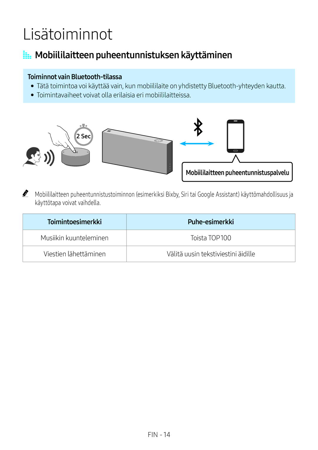 Samsung VL550/XE manual Lisätoiminnot, AA Mobiililaitteen puheentunnistuksen käyttäminen, Toiminnot vain Bluetooth-tilassa 