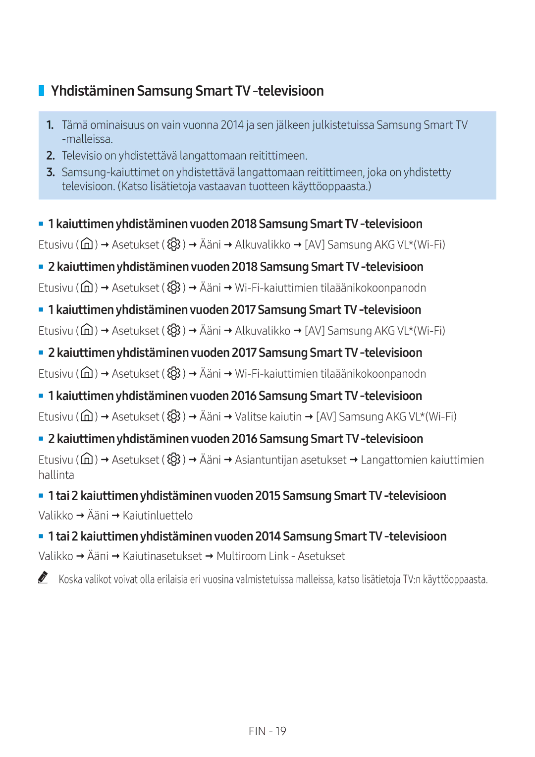 Samsung VL351/XE, VL350/XE, VL550/XE, VL551/XE Yhdistäminen Samsung Smart TV -televisioon, Valikko  Ääni  Kaiutinluettelo 