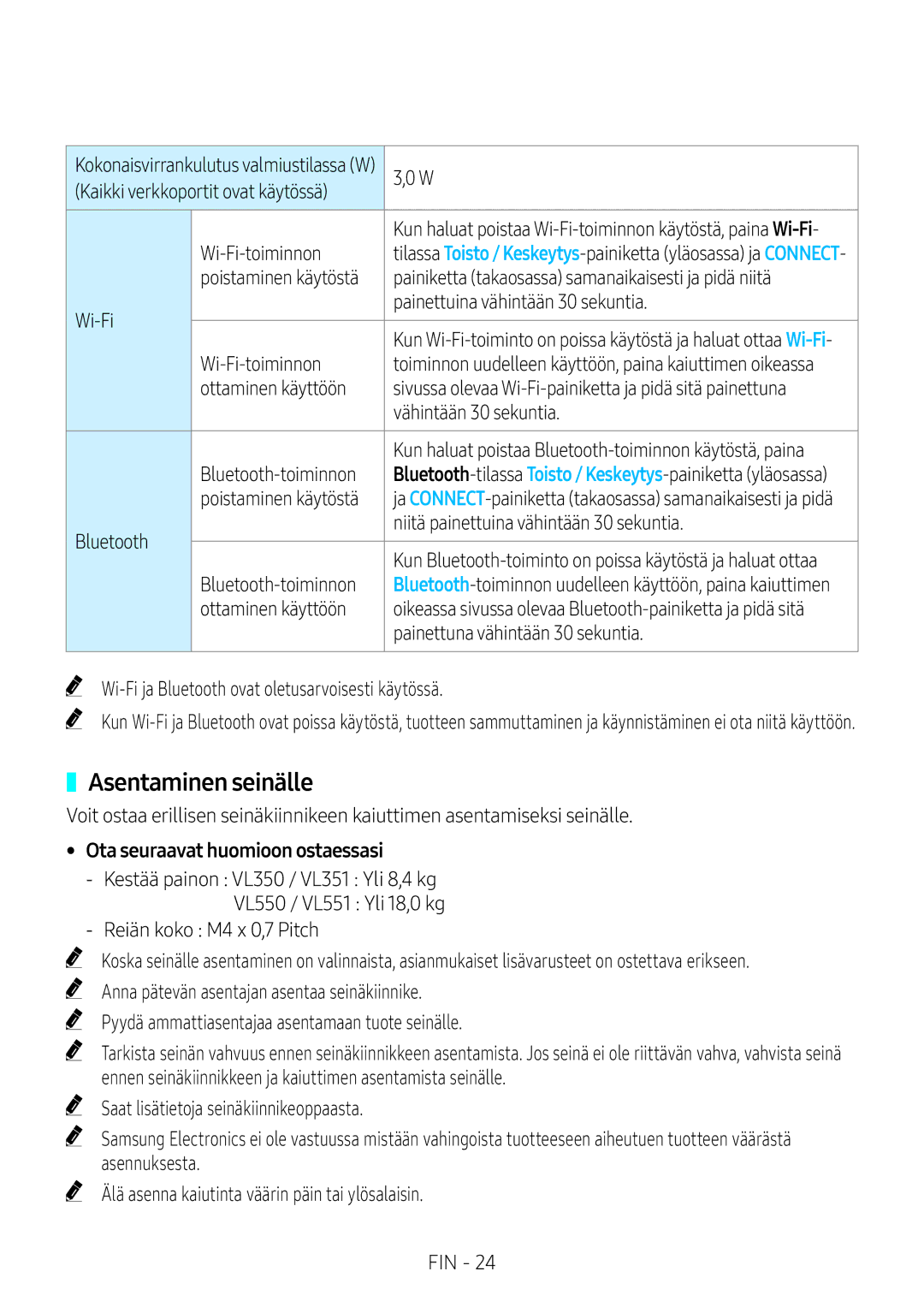 Samsung VL551/XE, VL350/XE, VL550/XE, VL351/XE manual Asentaminen seinälle, Ota seuraavat huomioon ostaessasi 