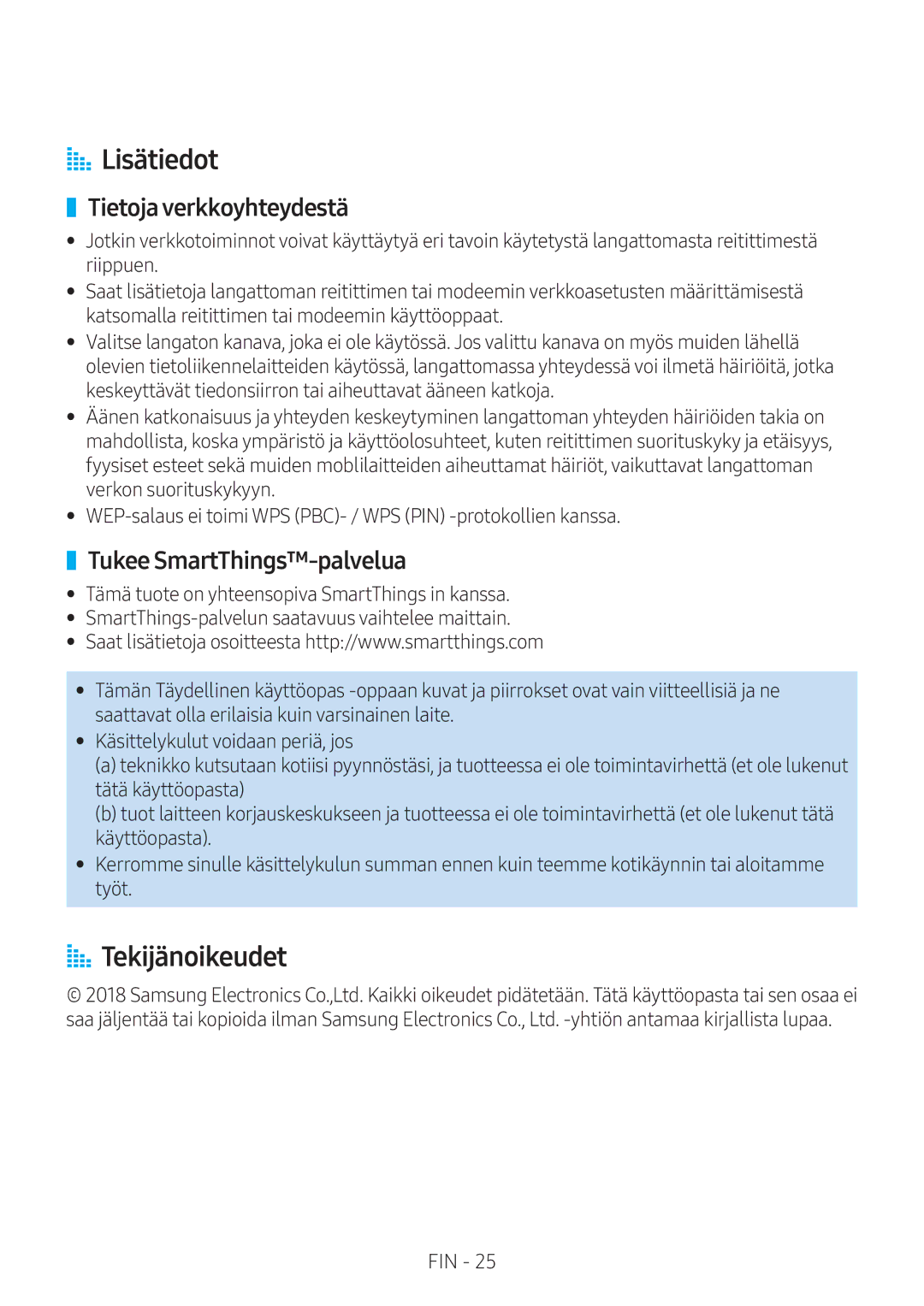 Samsung VL350/XE, VL550/XE manual AA Lisätiedot, AA Tekijänoikeudet, Tietoja verkkoyhteydestä, Tukee SmartThings-palvelua 