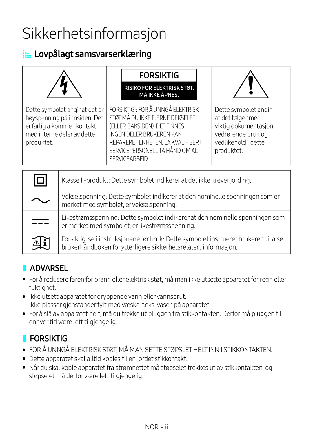 Samsung VL551/XE, VL350/XE, VL550/XE, VL351/XE manual Sikkerhetsinformasjon, AA Lovpålagt samsvarserklæring 