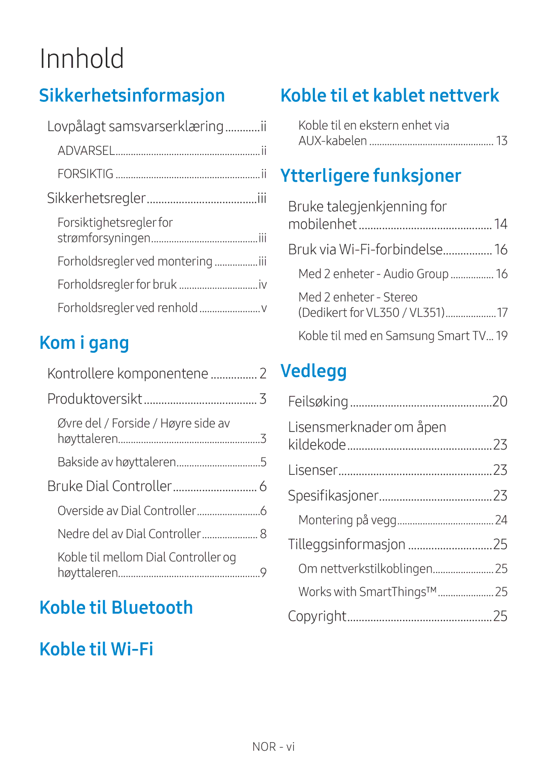 Samsung VL551/XE, VL350/XE, VL550/XE Innhold, Bruke Dial Controller, Koble til med en Samsung Smart TV, Tilleggsinformasjon 