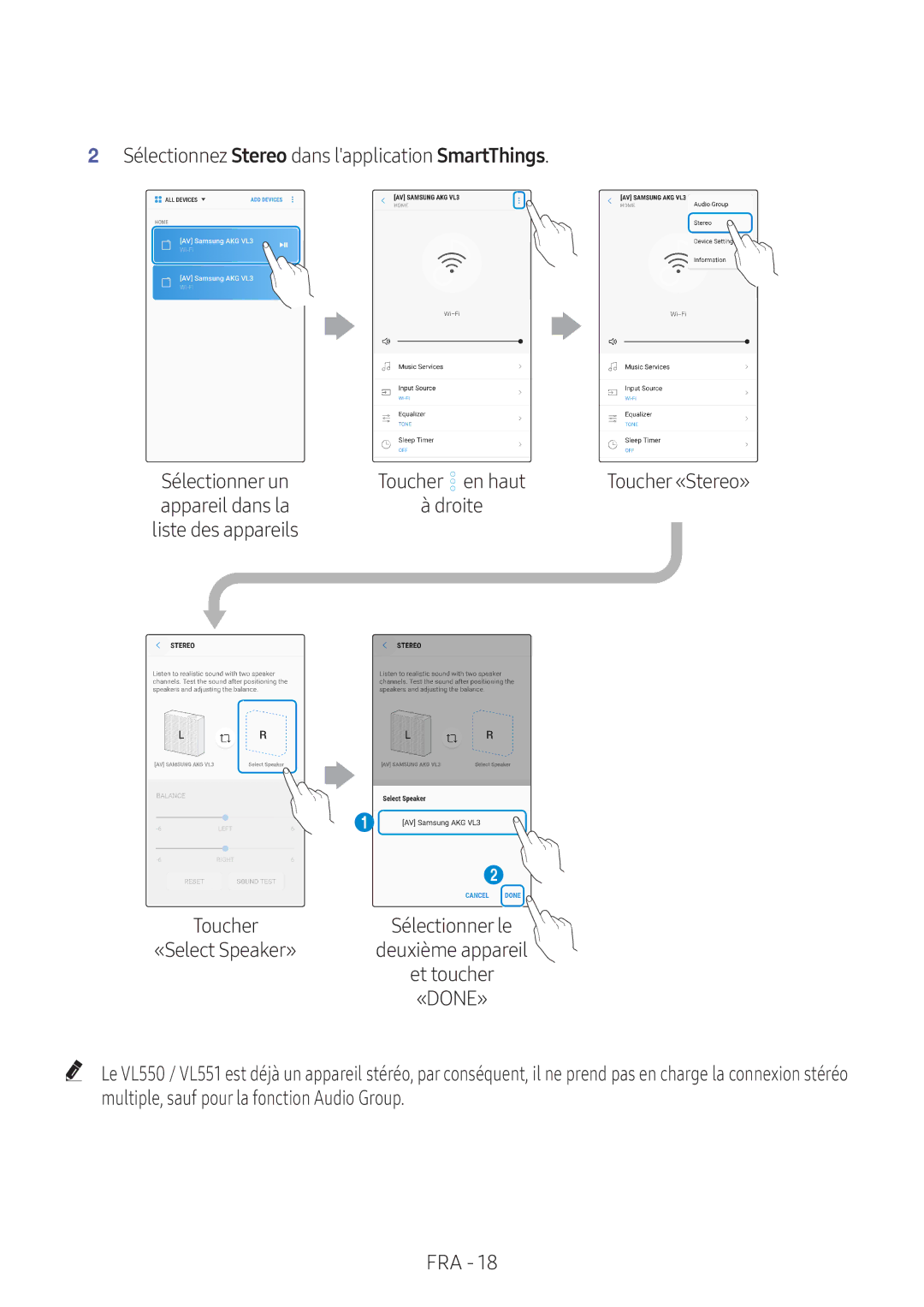 Samsung VL550/EN, VL551/EN, VL351/EN, VL350/XN, VL351/XN manual Sélectionnez Stereo dans lapplication SmartThings, Et toucher 