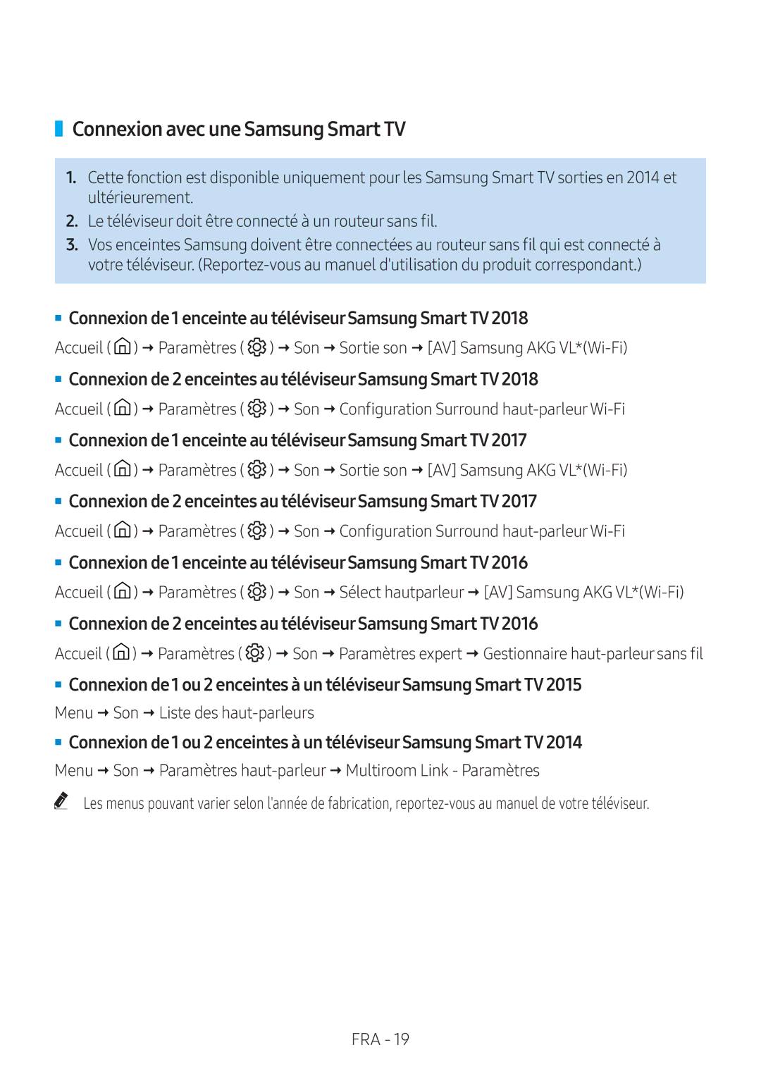 Samsung VL550/XN, VL551/EN, VL351/EN, VL350/XN Connexion avec une Samsung Smart TV, Menu  Son  Liste des haut-parleurs 