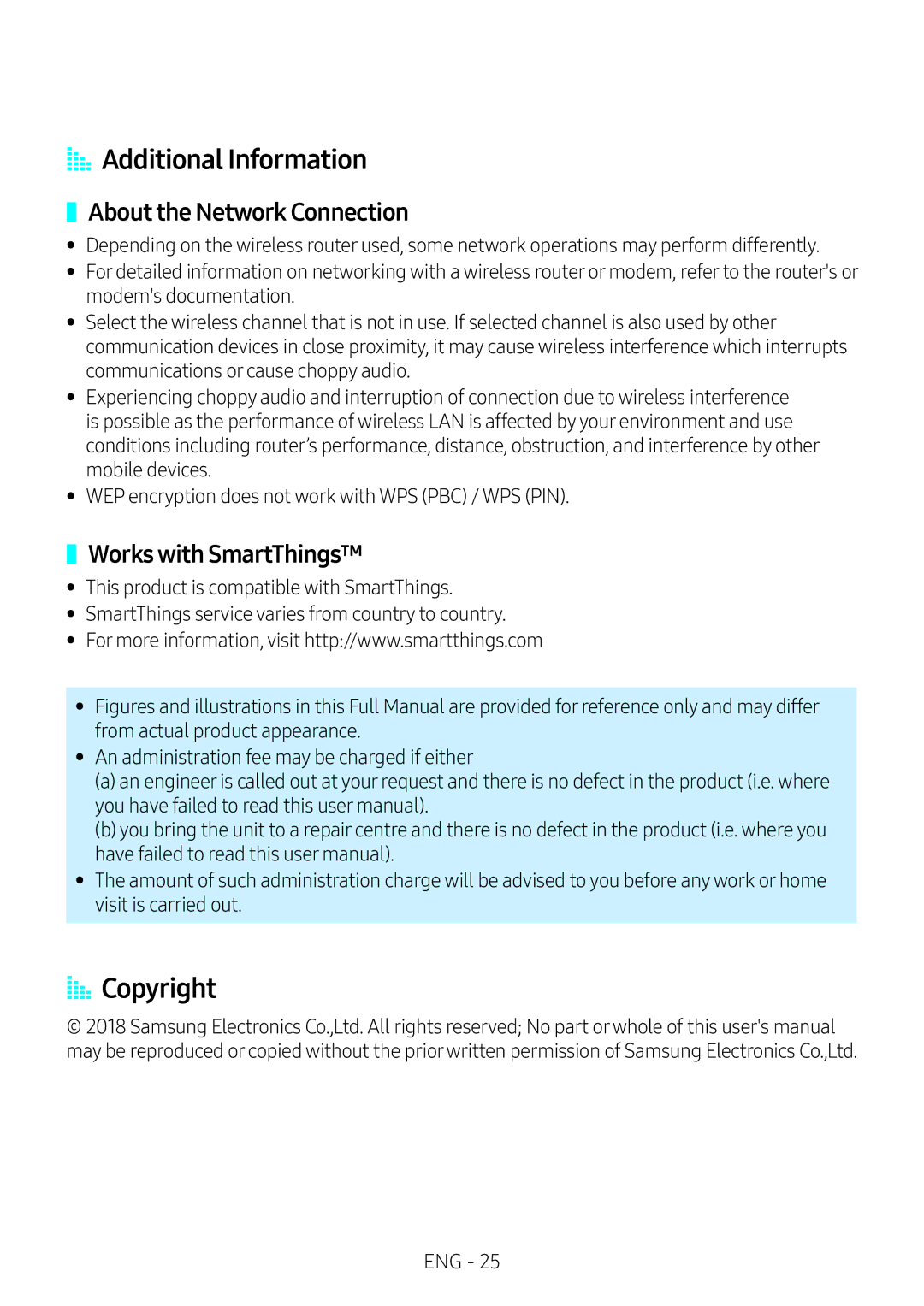 Samsung VL551/XN, VL551/EN AA Additional Information, AA Copyright, About the Network Connection, Works with SmartThings 