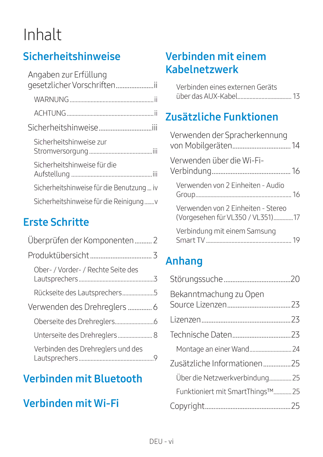 Samsung VL550/XN, VL551/EN, VL351/EN manual Inhalt, Sicherheitshinweise, Von Mobilgeräten, Verwenden von 2 Einheiten Stereo 