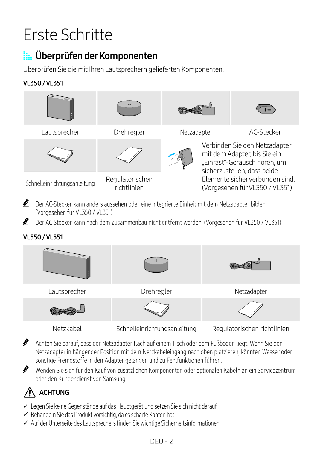 Samsung VL551/XN, VL551/EN, VL351/EN, VL350/XN, VL351/XN, VL550/EN Erste Schritte, AA Überprüfen derKomponenten, Richtlinien 