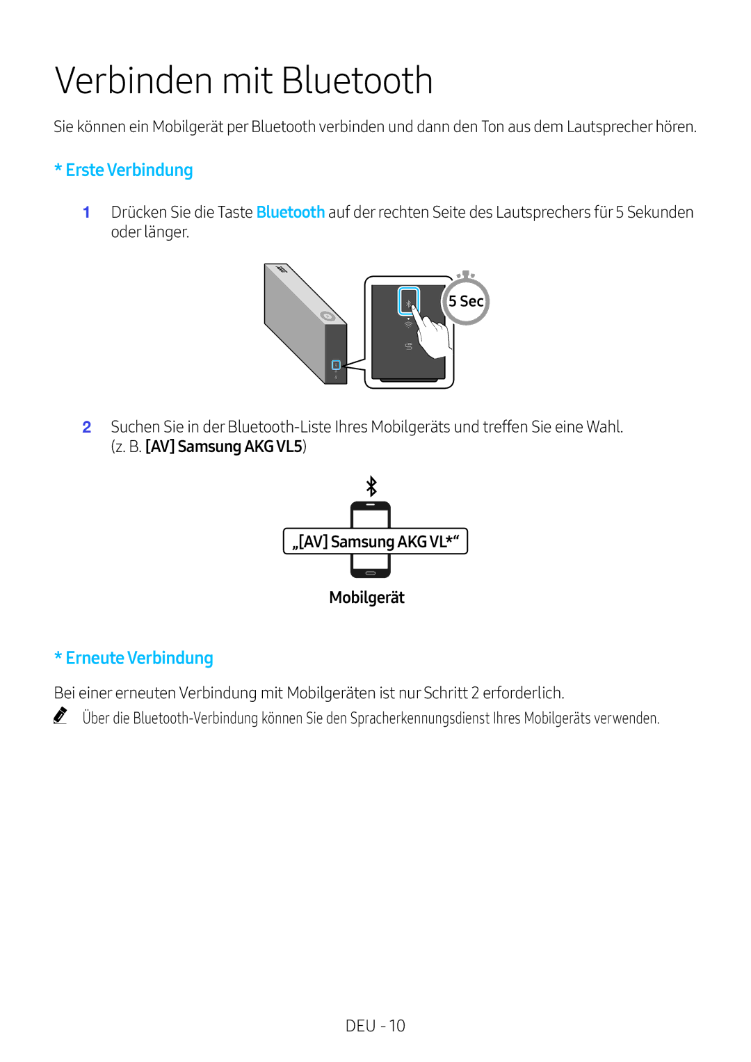 Samsung VL551/XN, VL551/EN Verbinden mit Bluetooth, Erste Verbindung, Erneute Verbindung, „AV Samsung AKG VL Mobilgerät 