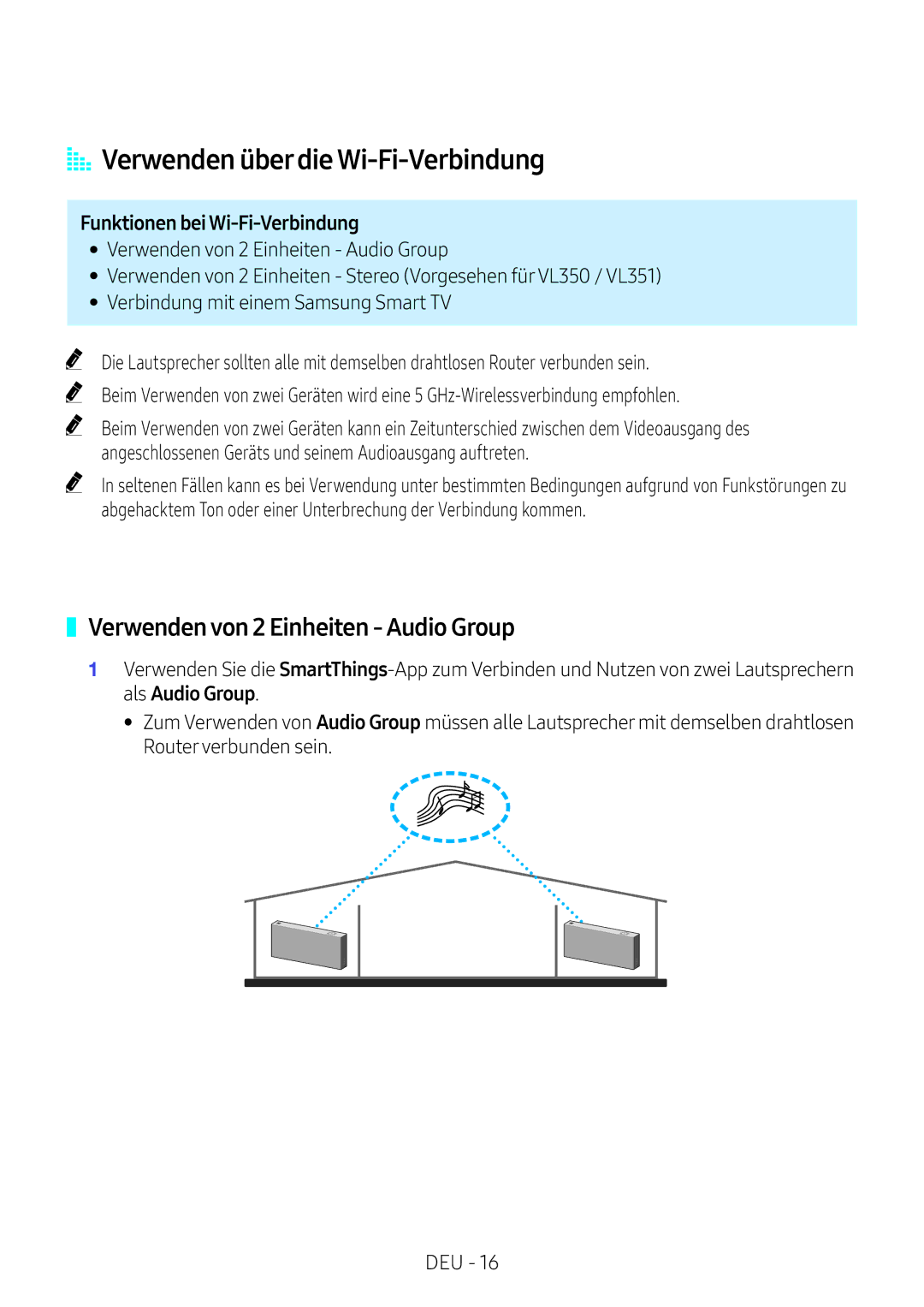 Samsung VL550/EN, VL551/EN, VL351/EN, VL350/XN AA Verwenden überdie Wi‑Fi-Verbindung, Verwenden von 2 Einheiten Audio Group 