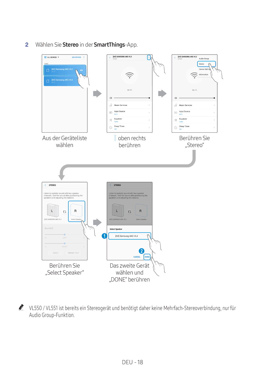 Samsung VL551/XN, VL551/EN, VL351/EN, VL350/XN, VL351/XN, VL550/EN manual Wählen Sie Stereo in der SmartThings-App, Wählen und 