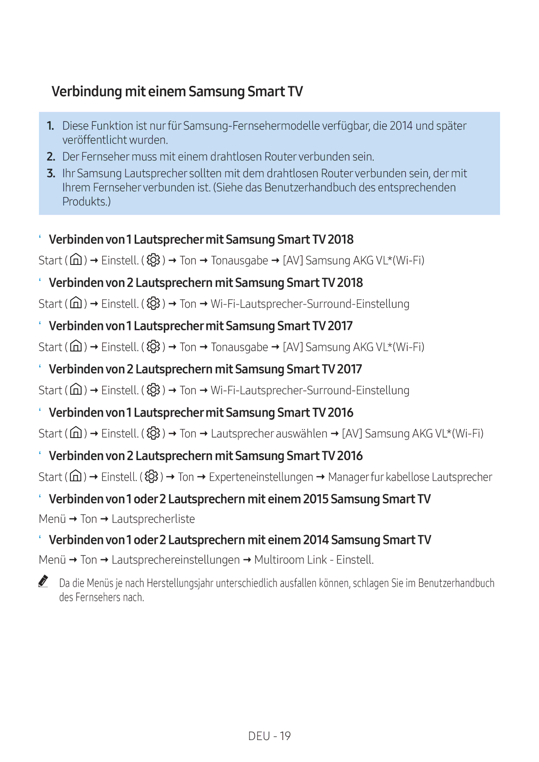 Samsung VL350/EN, VL551/EN, VL351/EN, VL350/XN manual Verbindung mit einem Samsung Smart TV, Menü  Ton  Lautsprecherliste 