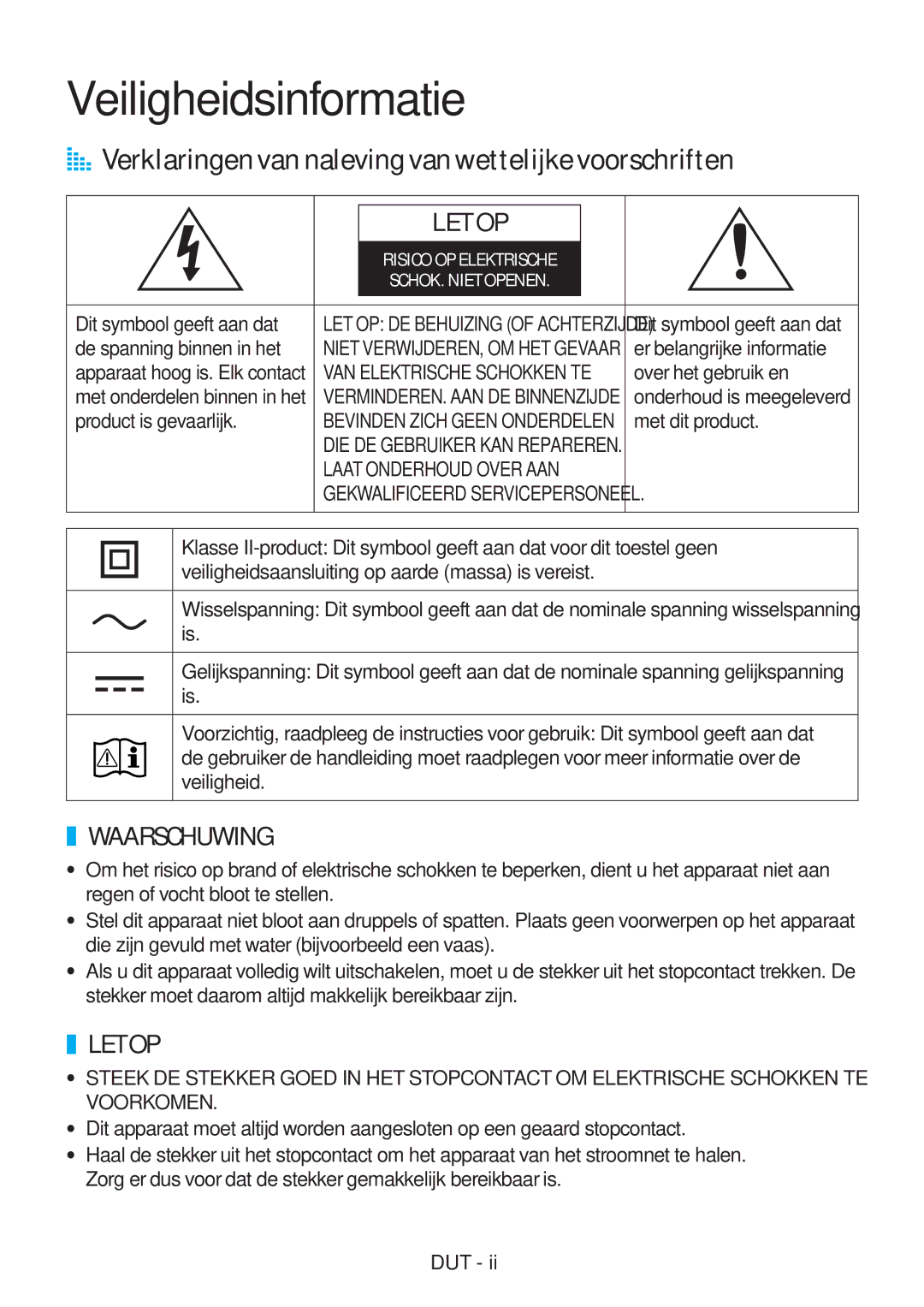 Samsung VL551/EN, VL351/EN, VL350/XN manual Veiligheidsinformatie, AA Verklaringen van naleving van wettelijke voorschriften 