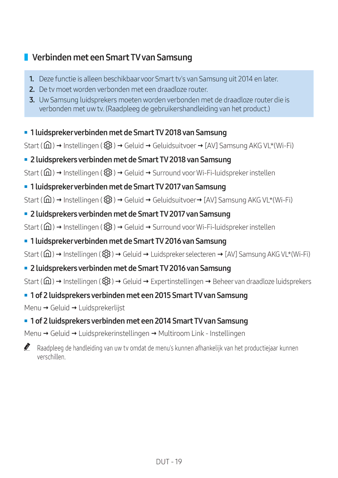 Samsung VL551/XN, VL551/EN, VL351/EN, VL350/XN manual Verbinden met een Smart TVvan Samsung, Menu  Geluid  Luidsprekerlijst 