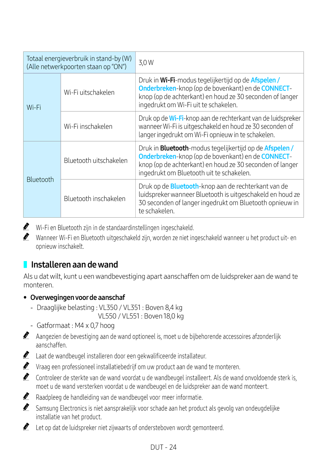 Samsung VL351/XN, VL551/EN, VL351/EN, VL350/XN, VL550/EN, VL550/XN manual Installeren aan de wand, Overwegingen voorde aanschaf 