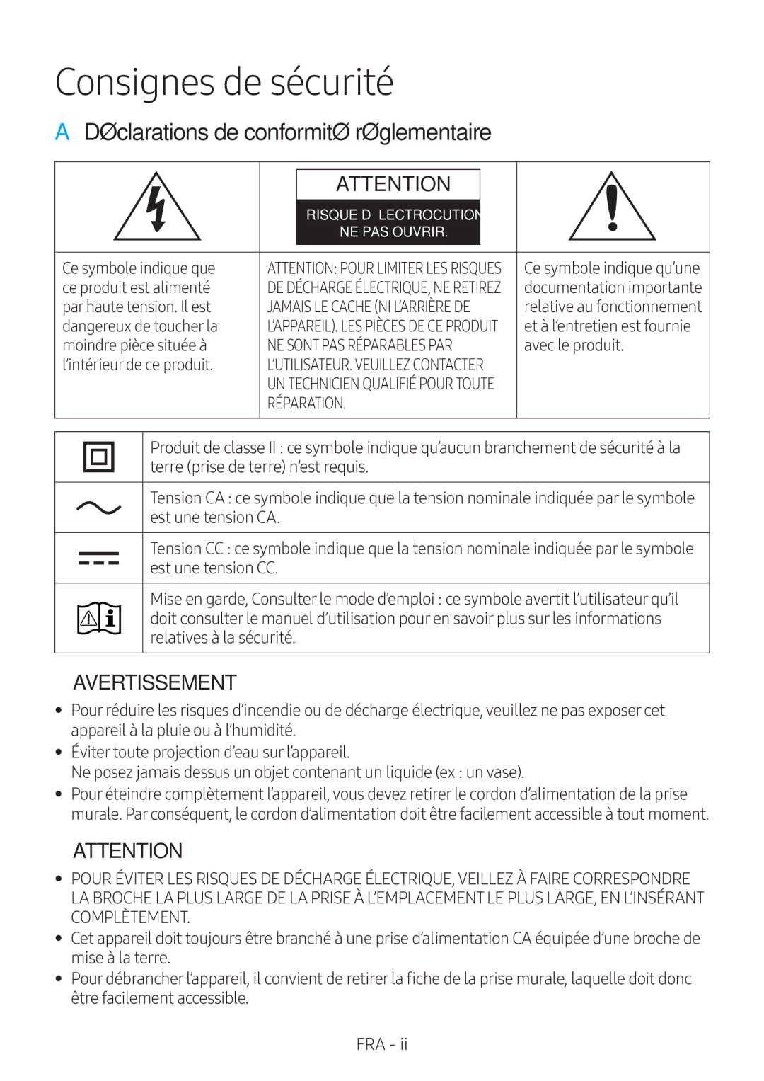 Samsung VL350/EN, VL551/EN, VL351/EN, VL350/XN, VL351/XN Consignes de sécurité, AA Déclarations de conformité réglementaire 