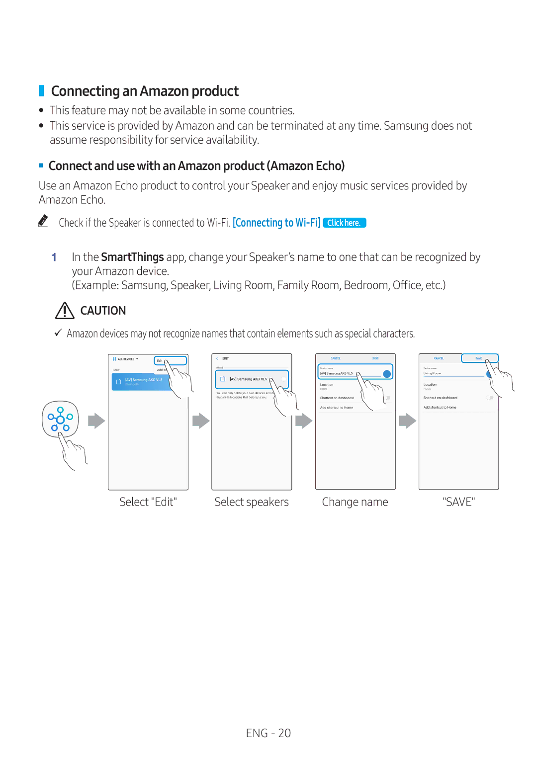 Samsung VL551/XV manual Connecting an Amazon product, `` Connect and use with an Amazon product Amazon Echo 