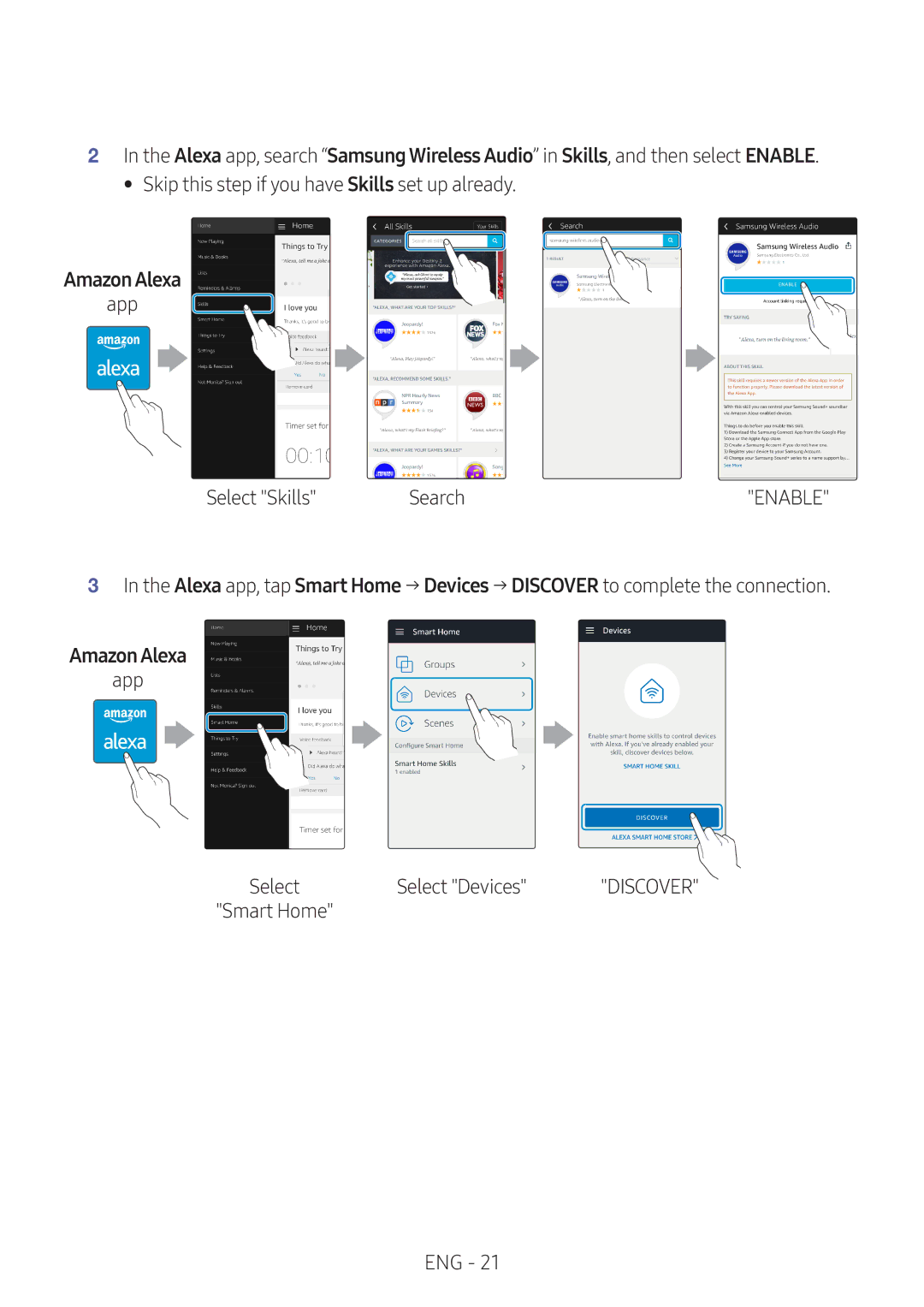 Samsung VL551/XV manual Amazon Alexa, App Select Skills Search, Select Devices, Smart Home ENG 