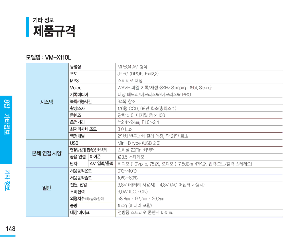 Samsung VM-X110L manual 148 