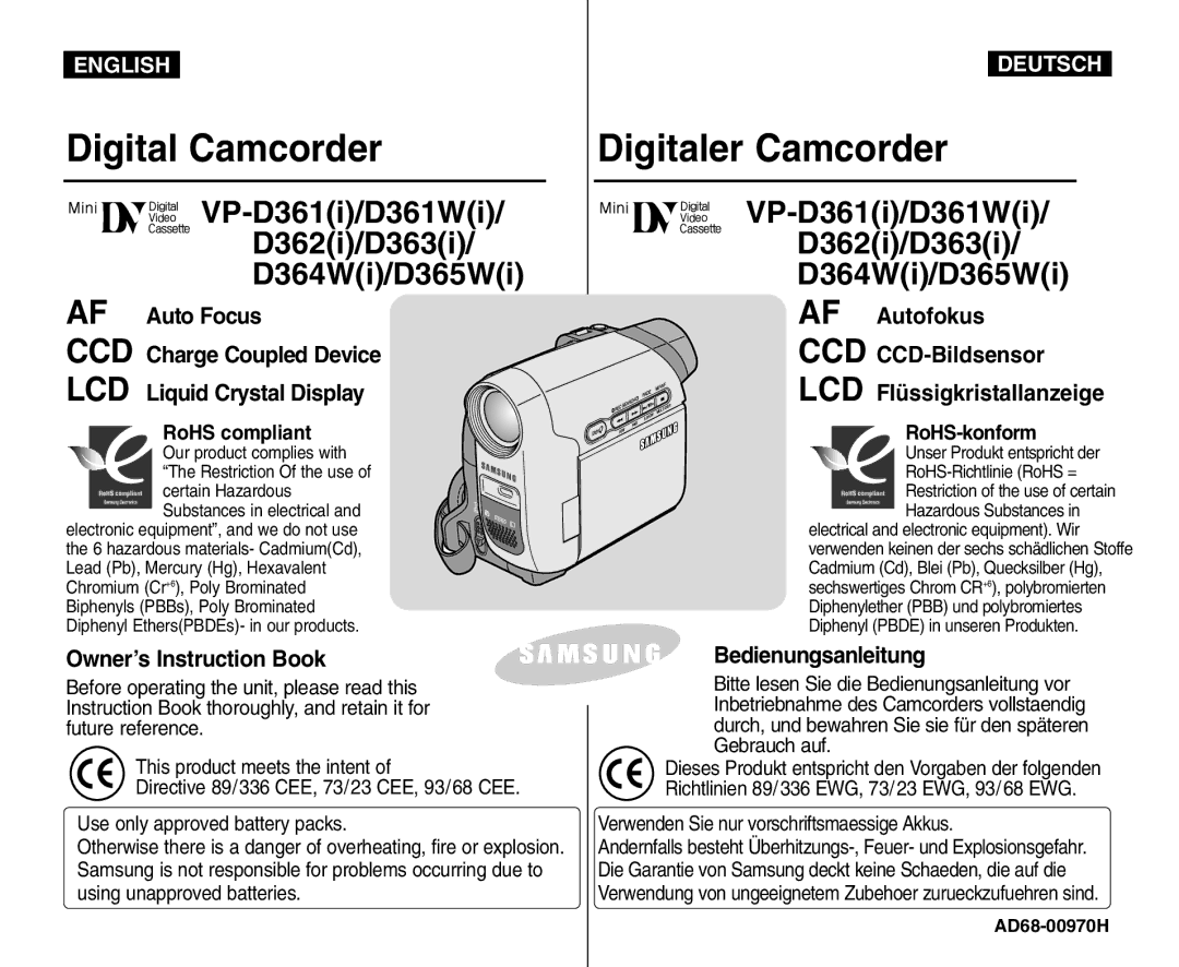 Samsung VP - D361W(i), VP - D365W(i) manual Verwendung von ungeeignetem Zubehoer zurueckzufuehren sind, AD68-00970H 