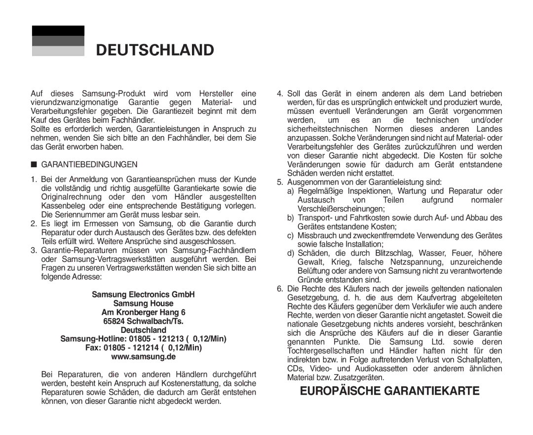 Samsung VP - D365W(i), VP - D361W(i), VP - D364W(i) manual Deutschland 