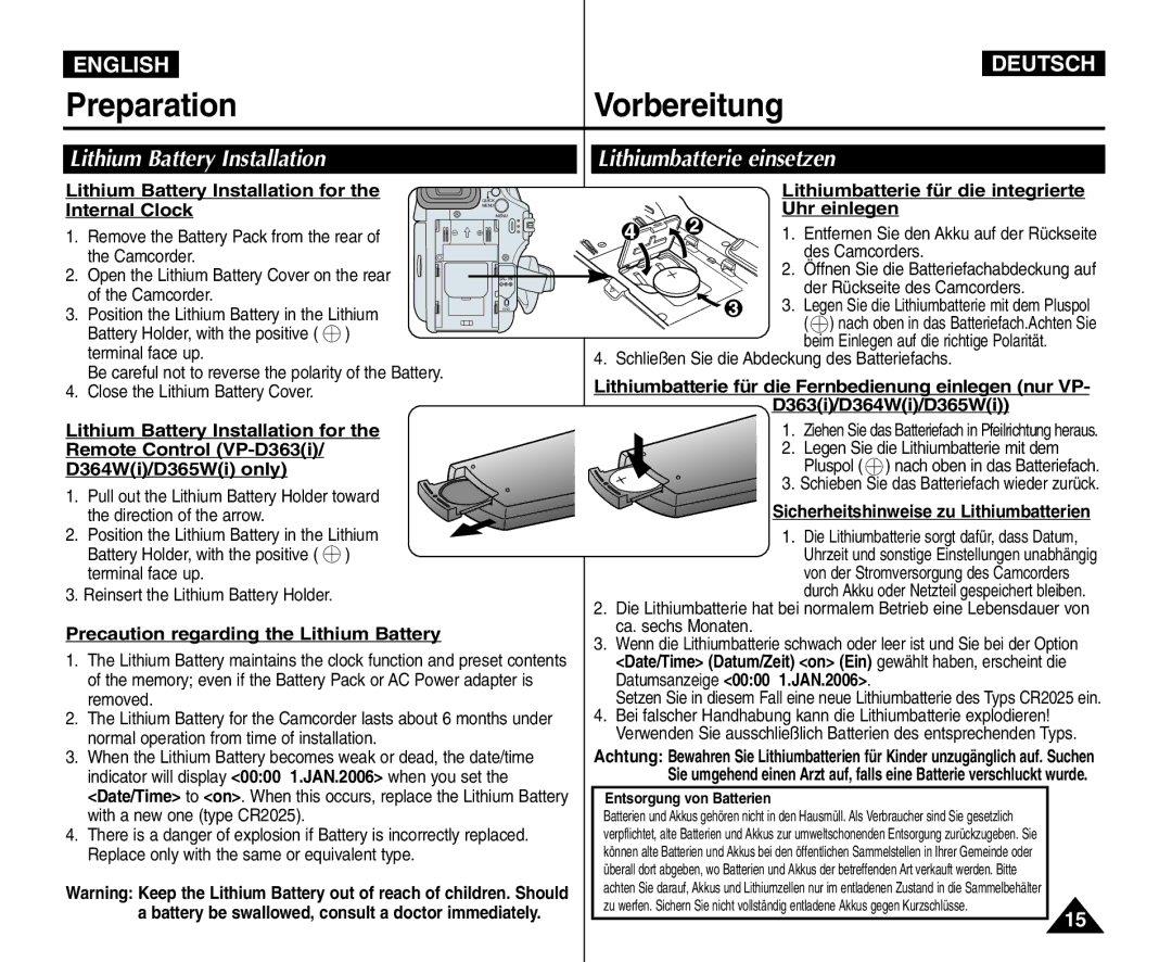 Samsung VP - D365W(i), VP - D361W(i), VP - D364W(i) manual Lithium Battery Installation, Lithiumbatterie einsetzen 