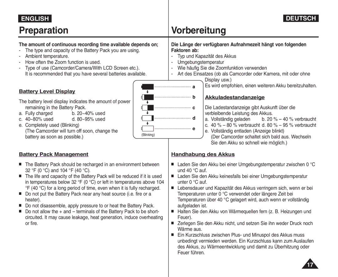 Samsung VP - D364W(i) manual Battery Level Display, Battery Pack Management, Akkuladestandanzeige, Handhabung des Akkus 