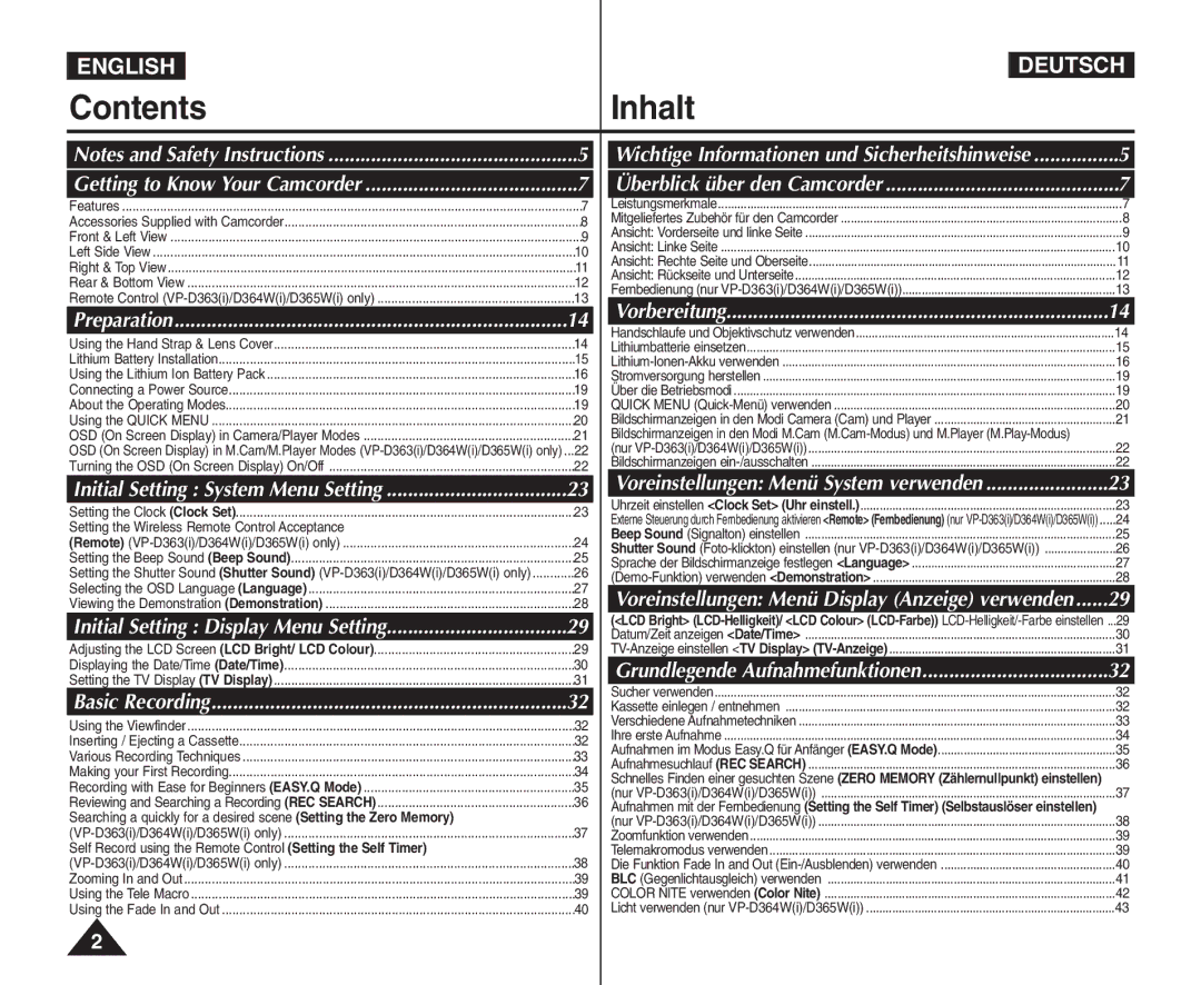 Samsung VP - D364W(i), VP - D365W(i), VP - D361W(i) manual Contents Inhalt 