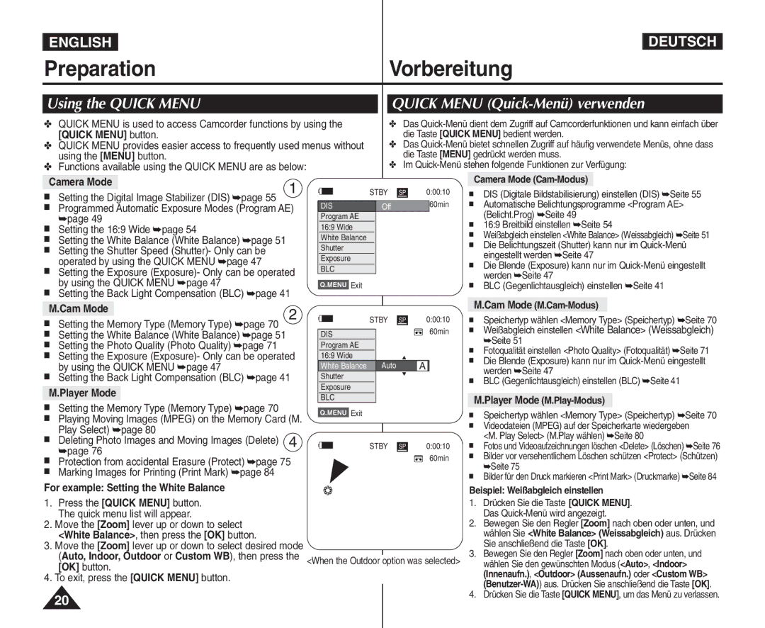 Samsung VP - D364W(i) manual Using the Quick Menu Quick Menu Quick-Menü verwenden, For example Setting the White Balance 