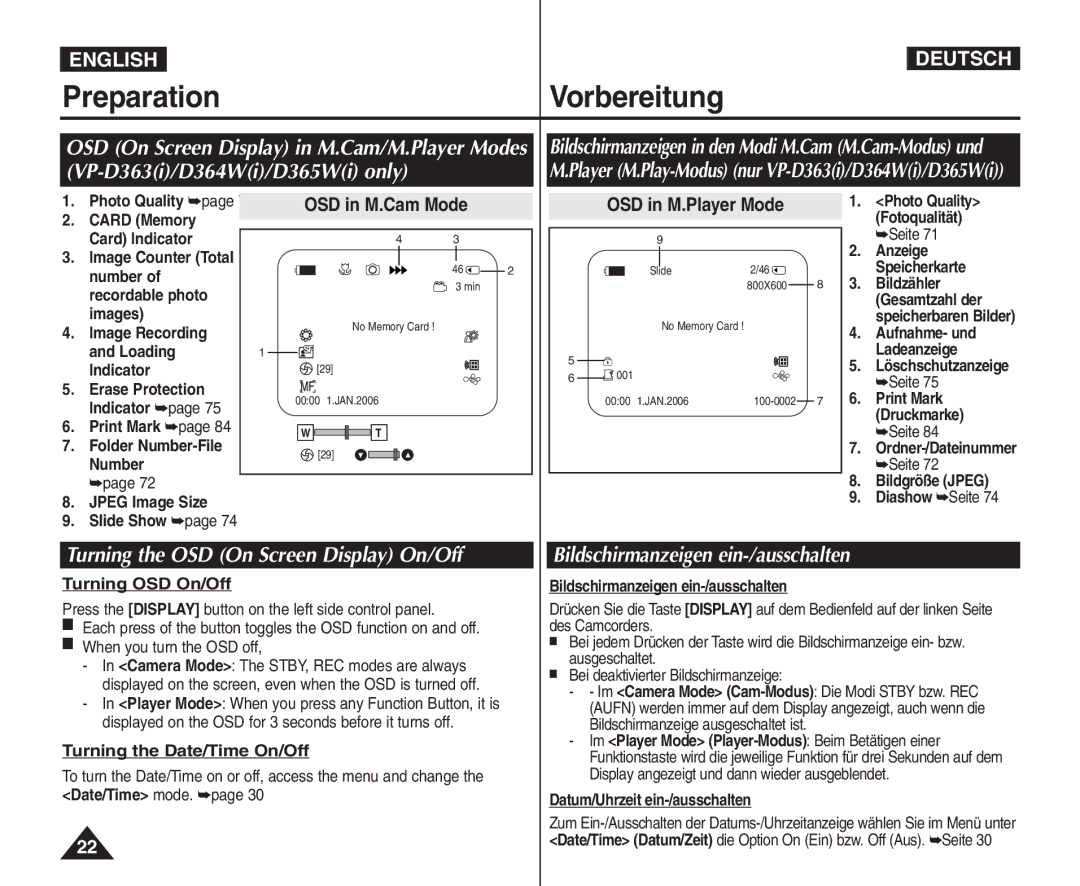 Samsung VP - D361W(i), VP - D365W(i) manual Turning the OSD On Screen Display On/Off, Bildschirmanzeigen ein-/ausschalten 