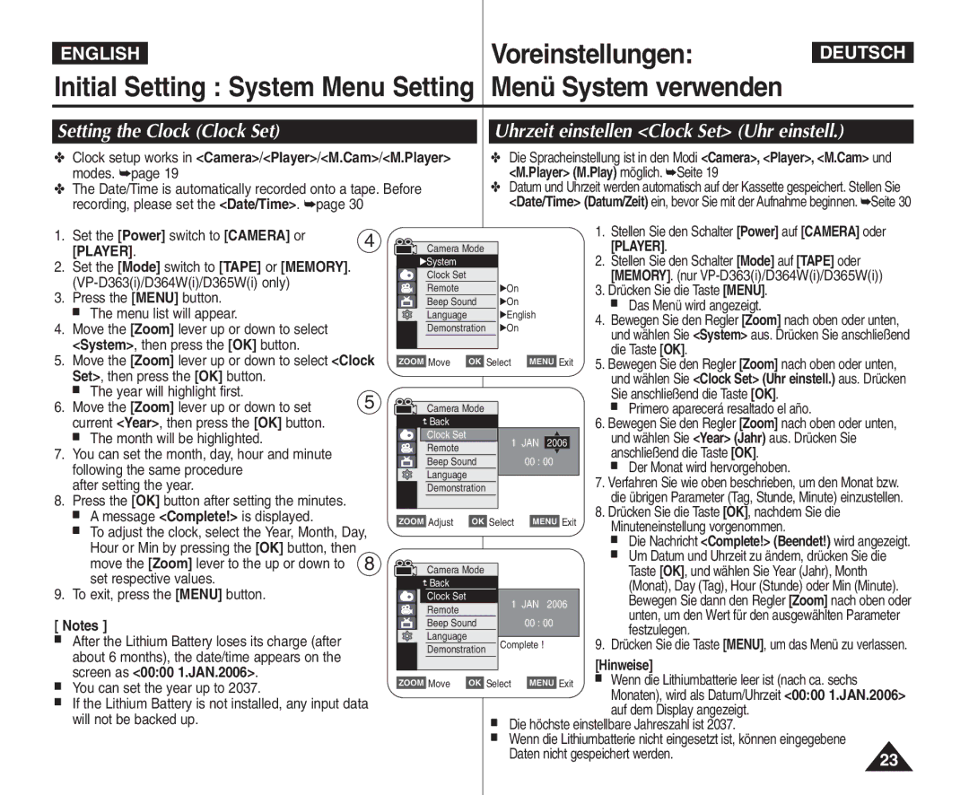 Samsung VP - D364W(i), VP - D365W(i) manual Setting the Clock Clock Set, Uhrzeit einstellen Clock Set Uhr einstell, Hinweise 