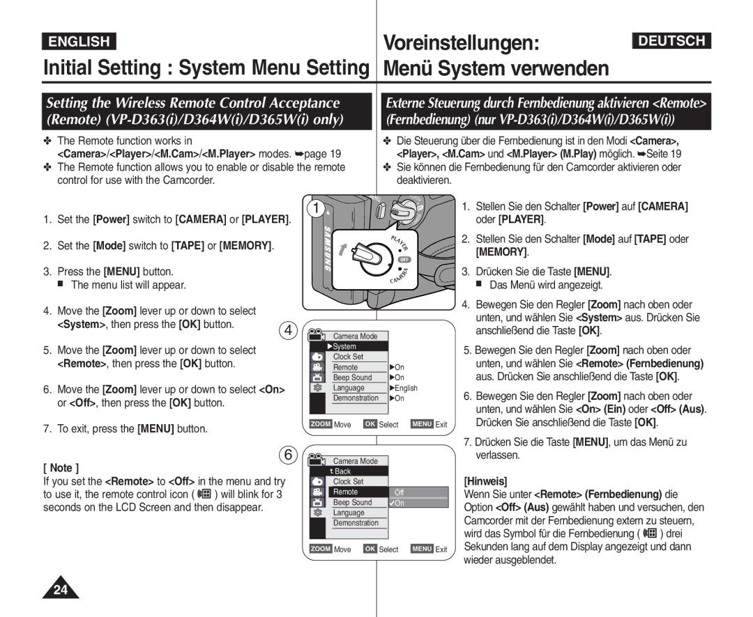 Samsung VP - D365W(i) manual Remote function works, Camera/Player/M.Cam/M.Player modes, System, then press the OK button 