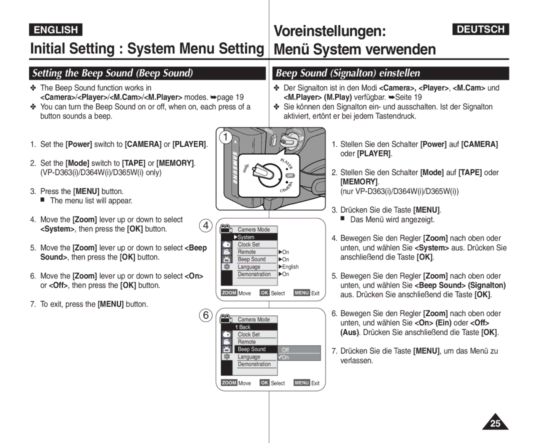 Samsung VP - D361W(i) manual Setting the Beep Sound Beep Sound, Beep Sound Signalton einstellen, Beep Sound function works 