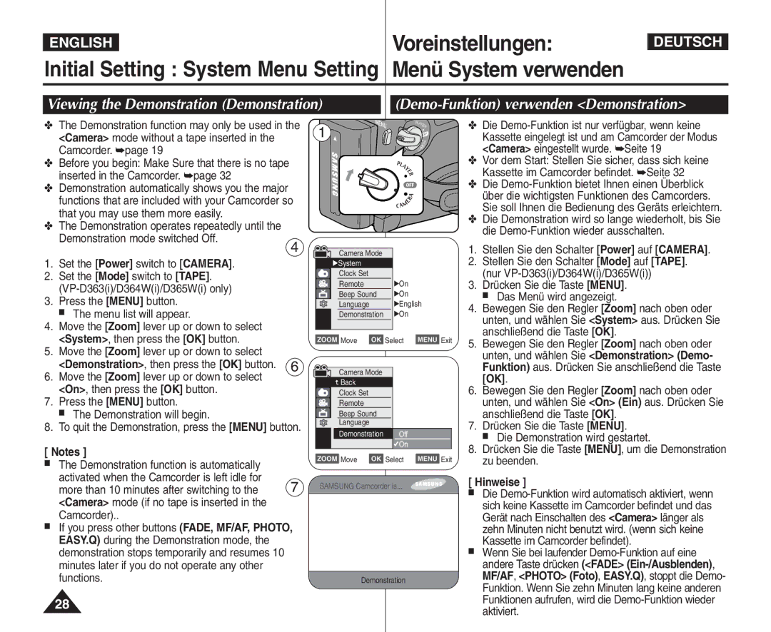 Samsung VP - D361W(i), VP - D365W(i) manual Viewing the Demonstration Demonstration, Demo-Funktion verwenden Demonstration 