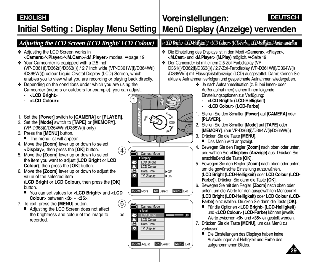 Samsung VP - D364W(i), VP - D365W(i) Voreinstellungen, Adjusting the LCD Screen LCD Bright/ LCD Colour, Colour between 0 ~ 