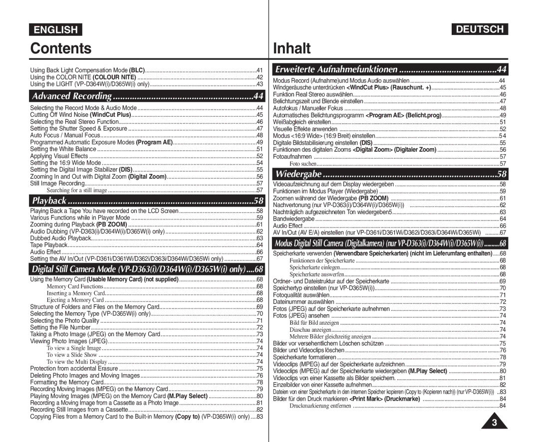 Samsung VP - D365W(i), VP - D361W(i), VP - D364W(i) manual Advanced Recording 