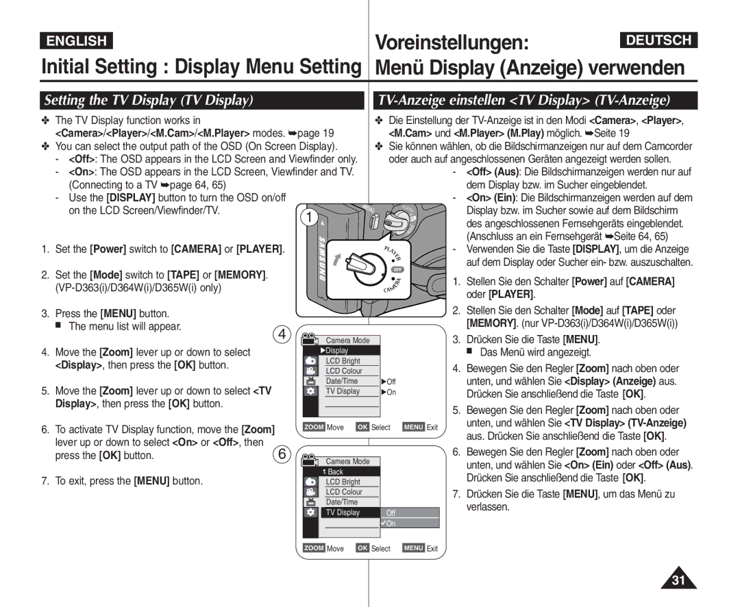 Samsung VP - D361W(i) Setting the TV Display TV Display, TV Display function works, Cam und M.Player M.Play möglich. Seite 